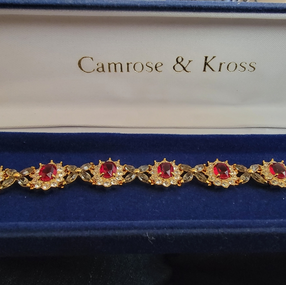 Jaqueline Kennedy Camrose & Kross  ruby/rhinestone gold bracelet. Rare. Lovely.
